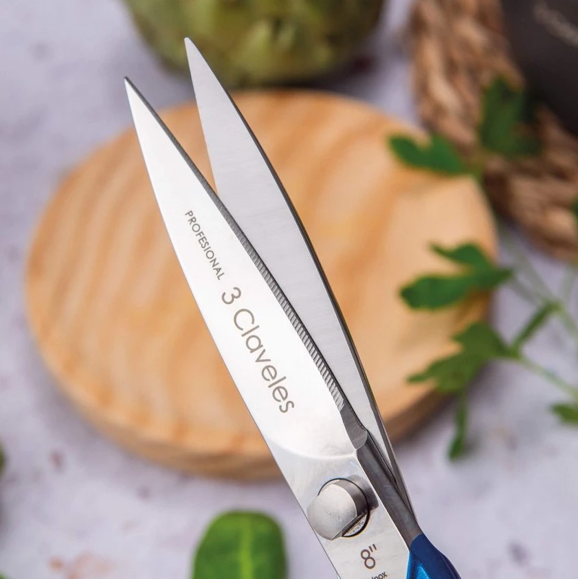 Tesoura de cozinha Master Blue 8" em aço inoxidável com acabamento brilhante
