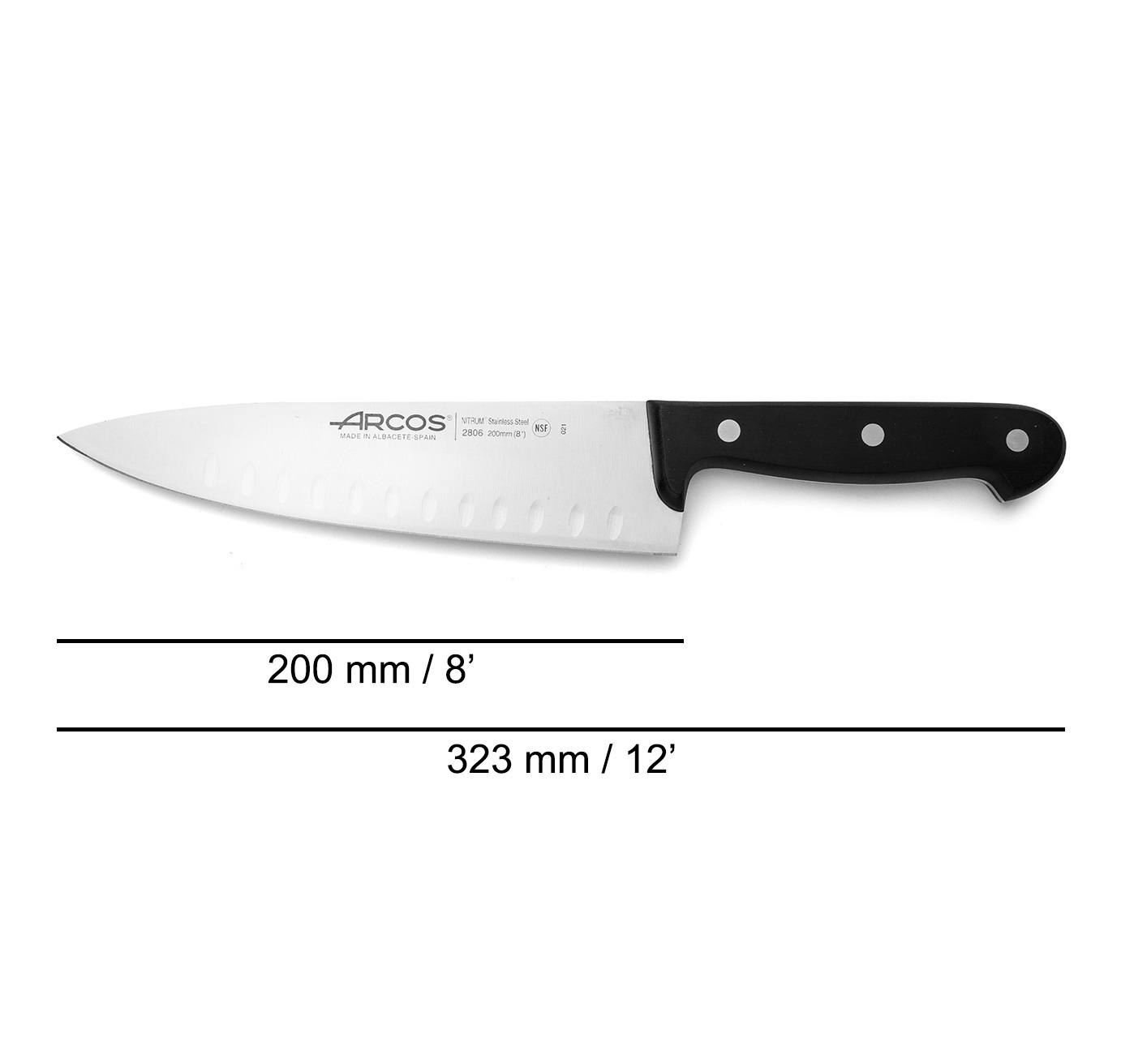 Arcos Universal Chef's Knife with 20cm hollow-ground blade and Polyoxymethylene handle