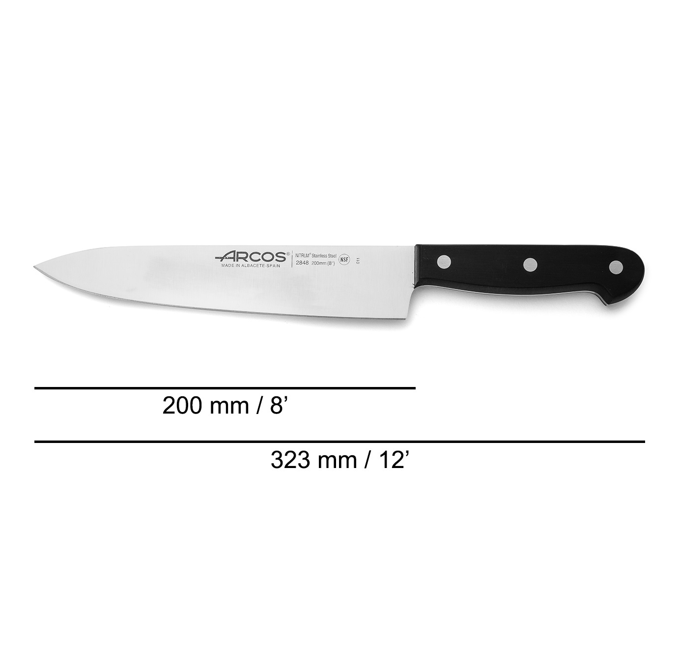 Coltello da chef universale Arcos con manico in poliossimetilene nero e lama da 200 mm