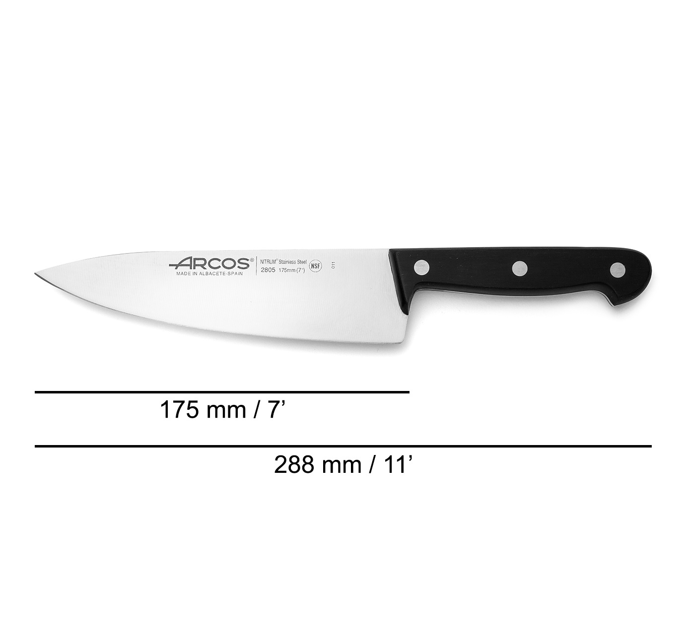 Arcos Universal chef's knife with black polyoxymethylene handle and wide 175 mm blade
