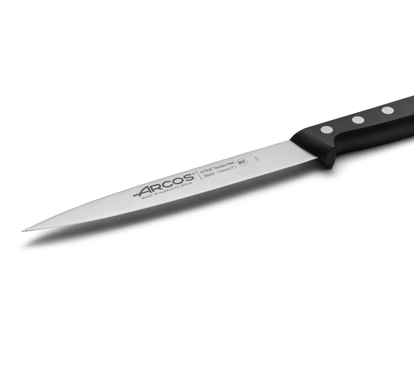 Cuchillo de lenguado Arcos Universal con mango de polioximetileno negro y hoja estrecha de 170 mm