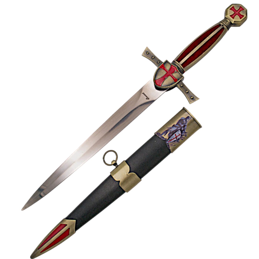 Daga templaria con hoja de 22 cm y mango rojo con pomo y guarda e...