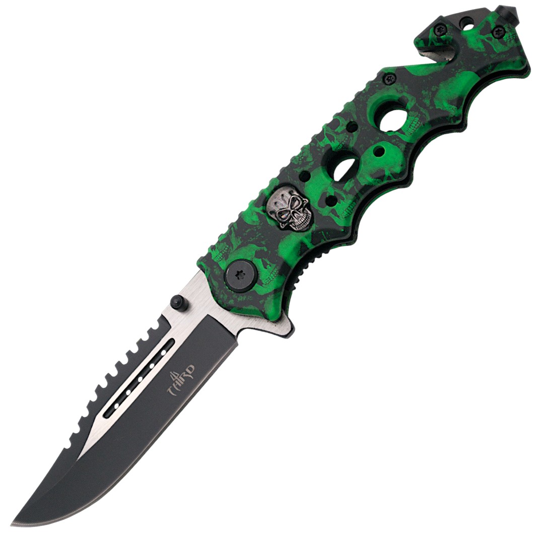 Coltellino tattico con manico con teschi verdi 17141V