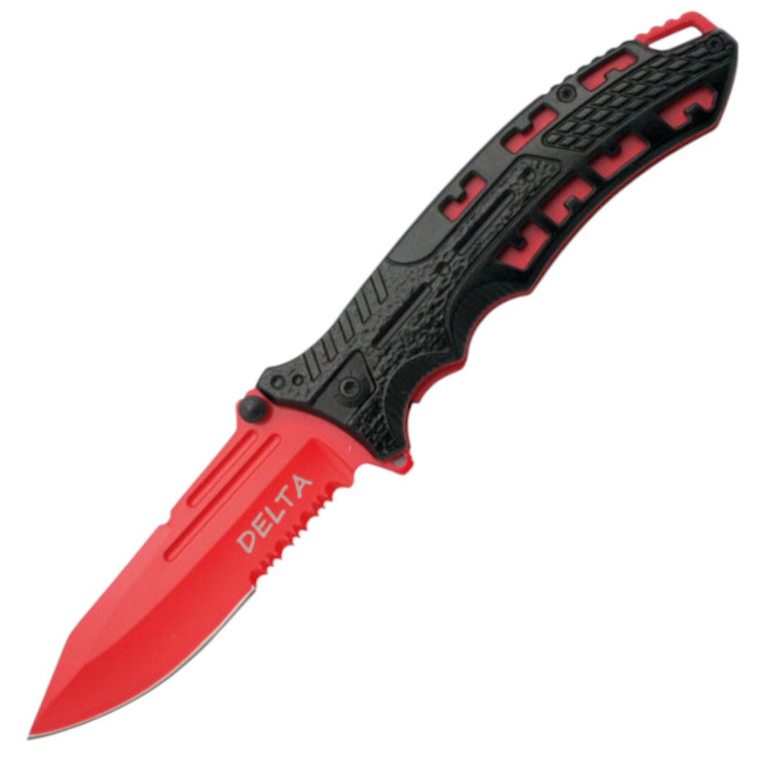 Tactical pocket knife red and black with saw K2797BKDS