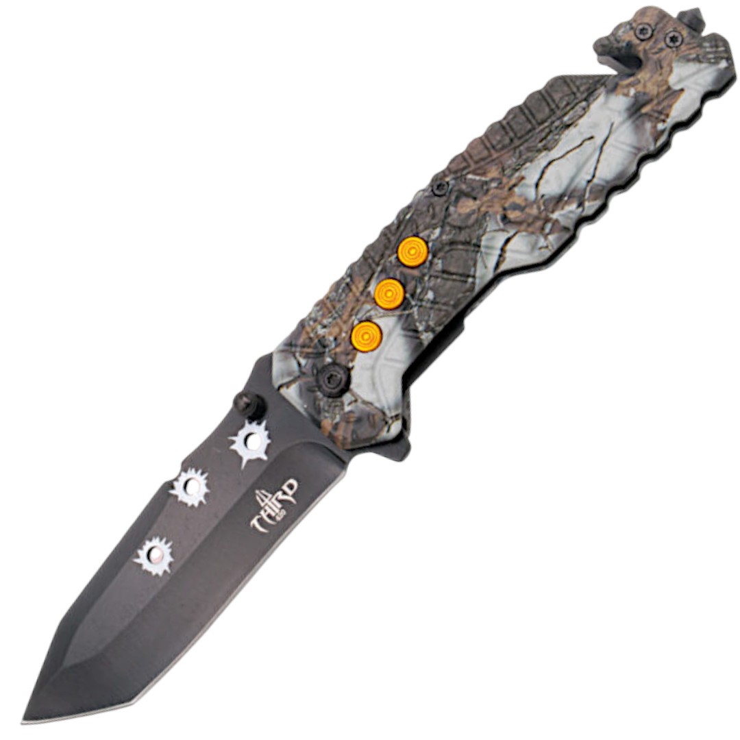 Coltello tattico con fori nella lama e taglierina per cinture gri...