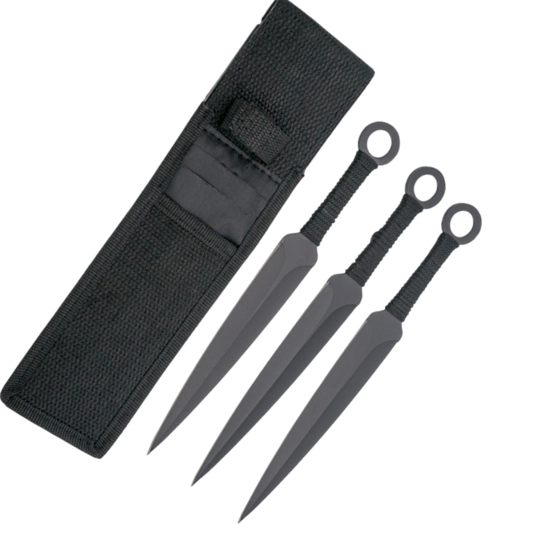 Set of 3 black throwing knives with black stringed handle 10464
