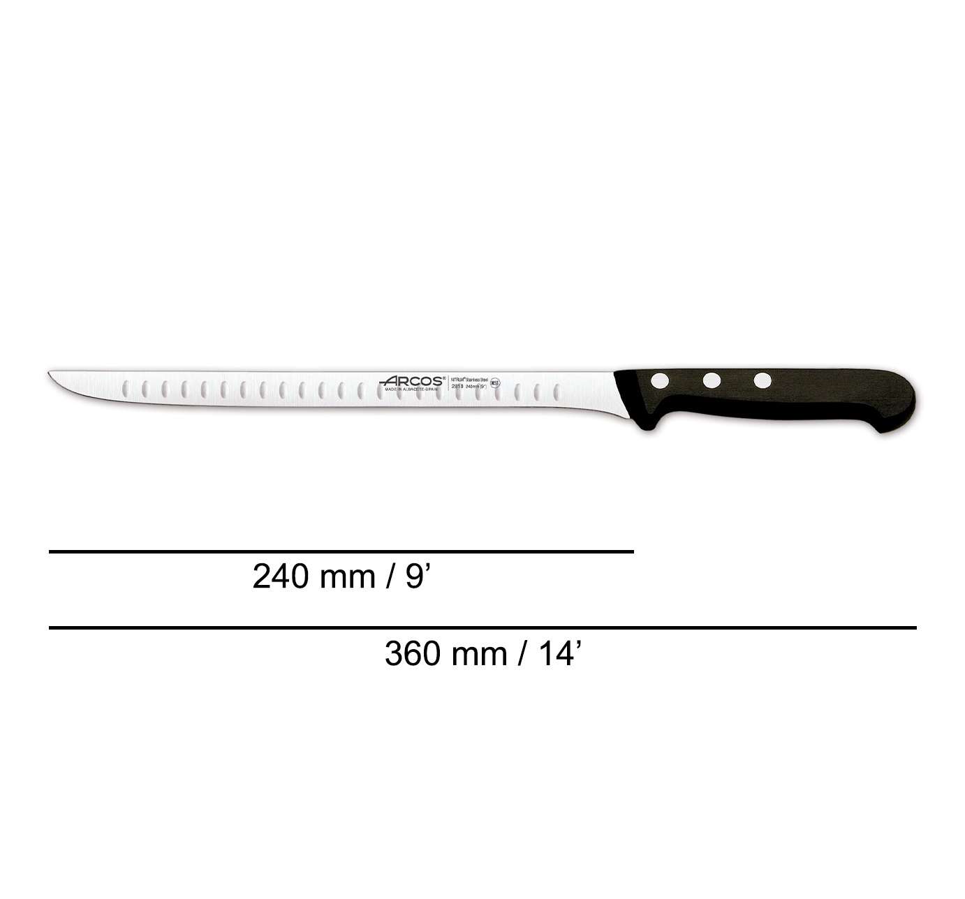 Cuchillo jamonero Arcos con hoja alveolada de 24 cm serie Universal con mango de polioximetileno