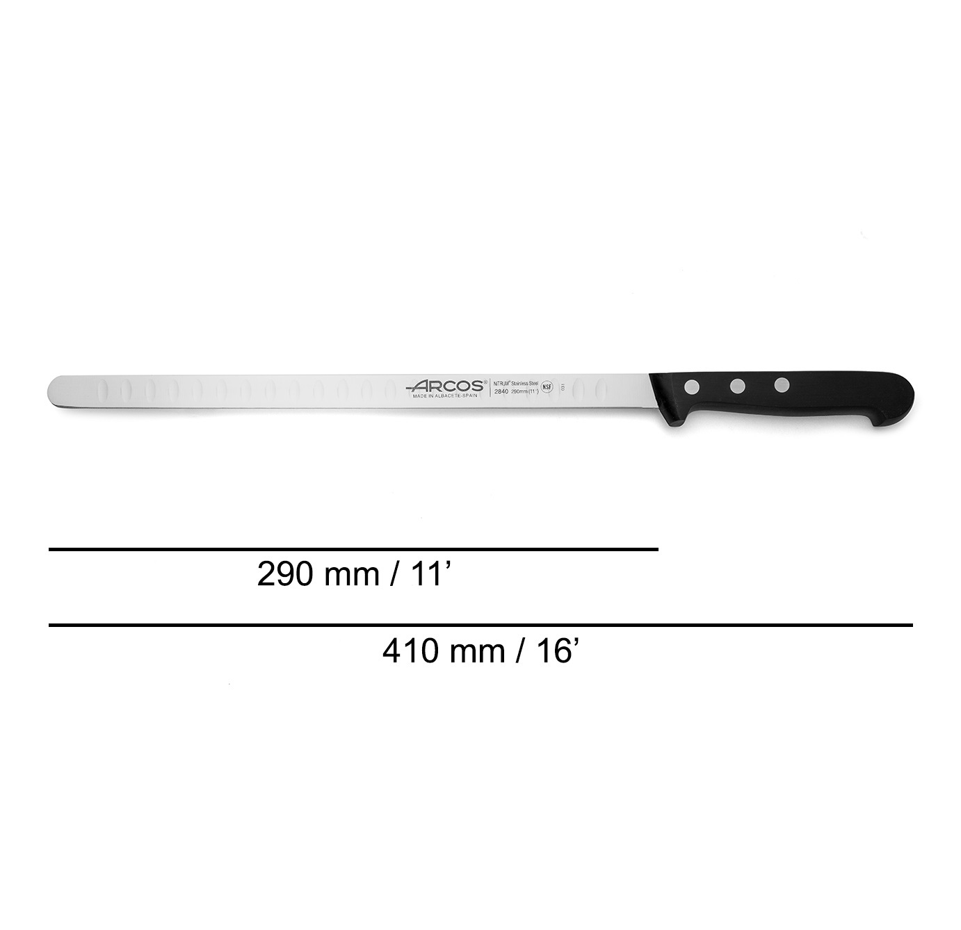 Cuchillo de salmón con punta redonda Arcos con hoja alveolada de 29 cm serie Universal con mango negro