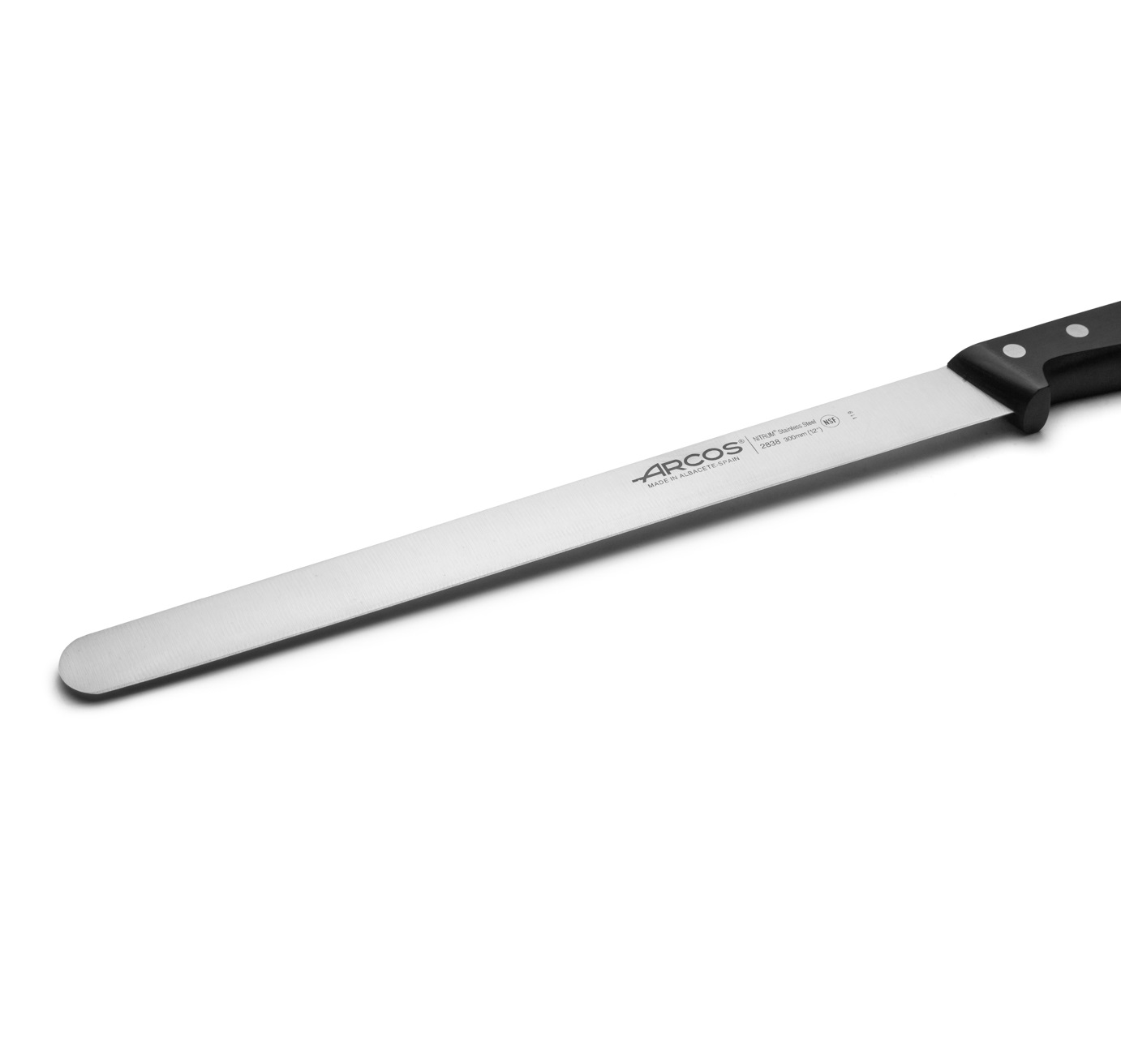 Cuchillo de fiambre con punta redonda Arcos de hoja ancha de 30 cm serie Universal con mango negro