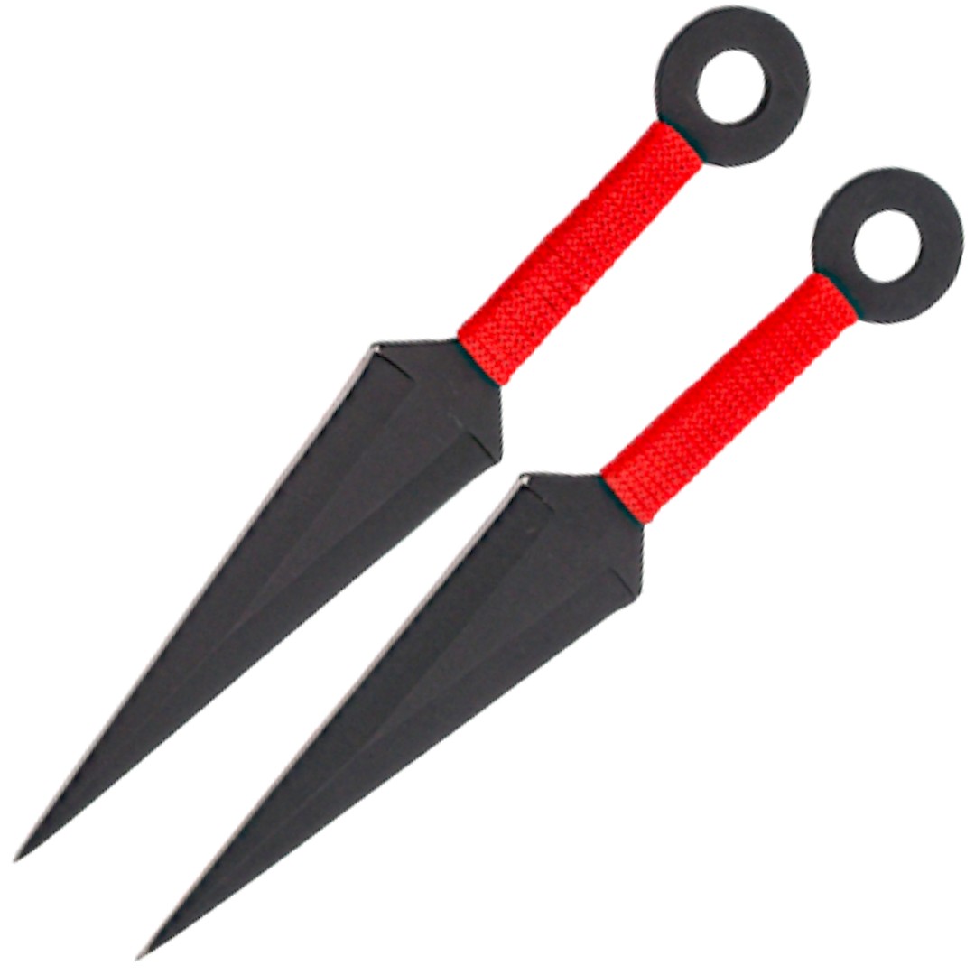 Set of 2 black throwing knives with red strung handle 10465