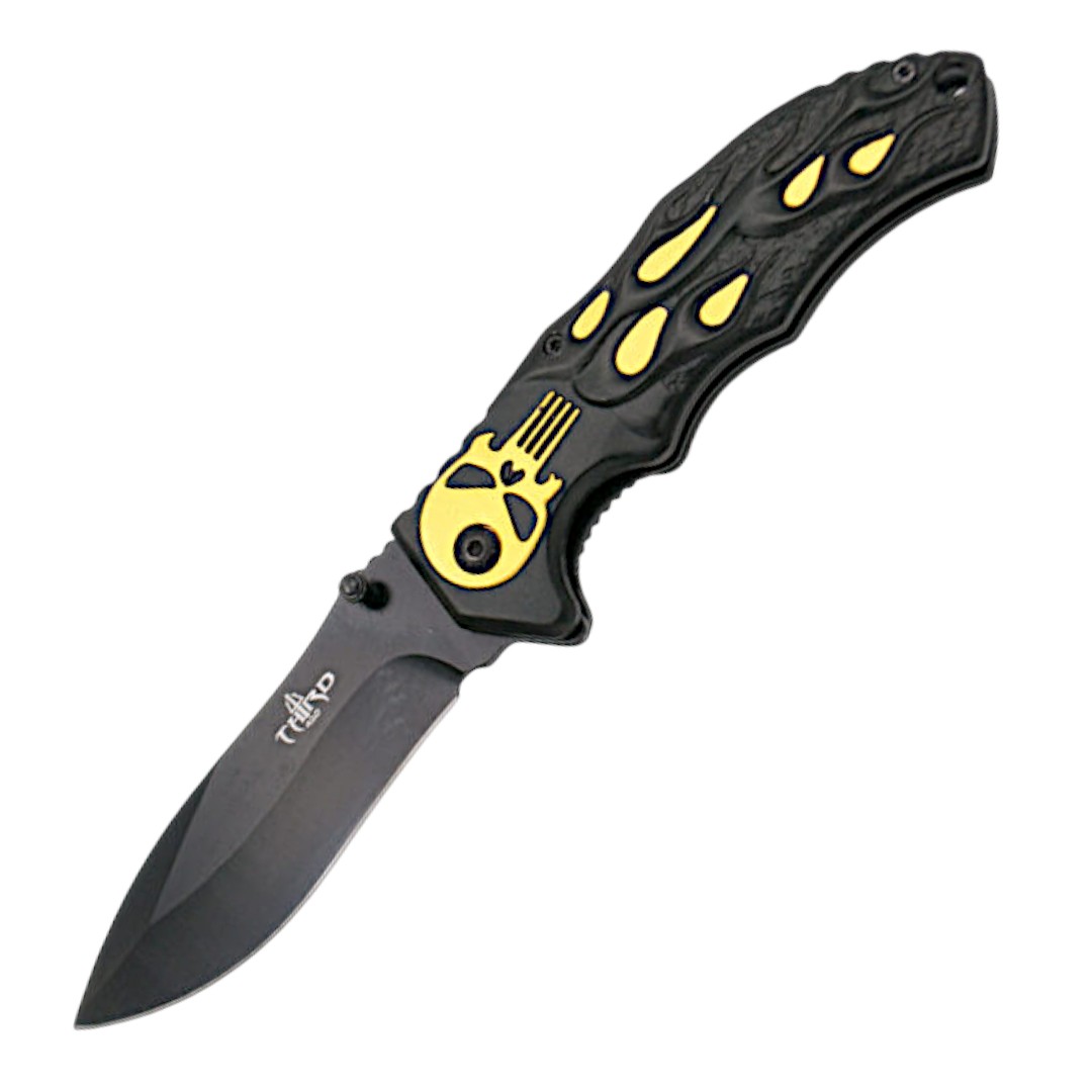 Coltello tattico con teschio giallo e lama da 9 cm