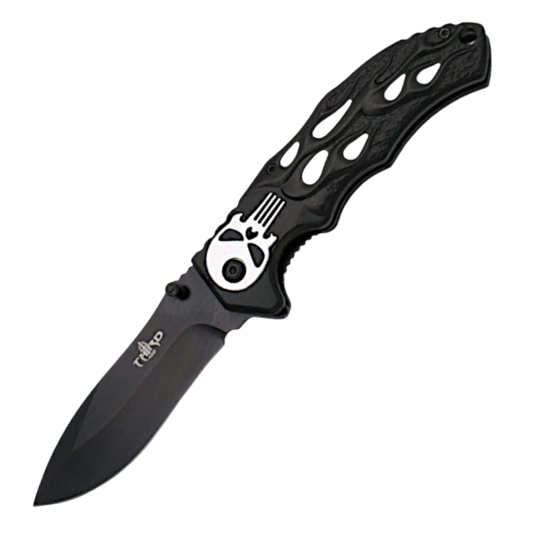 Tactical pocket knife with white skull and 9cm blade.