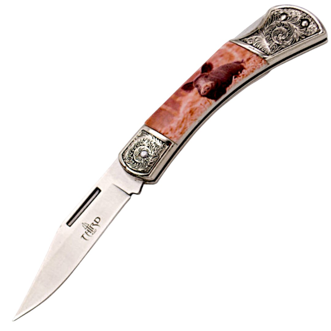 Coltello tascabile con incisione 3D di un cinghiale con ghiere de...