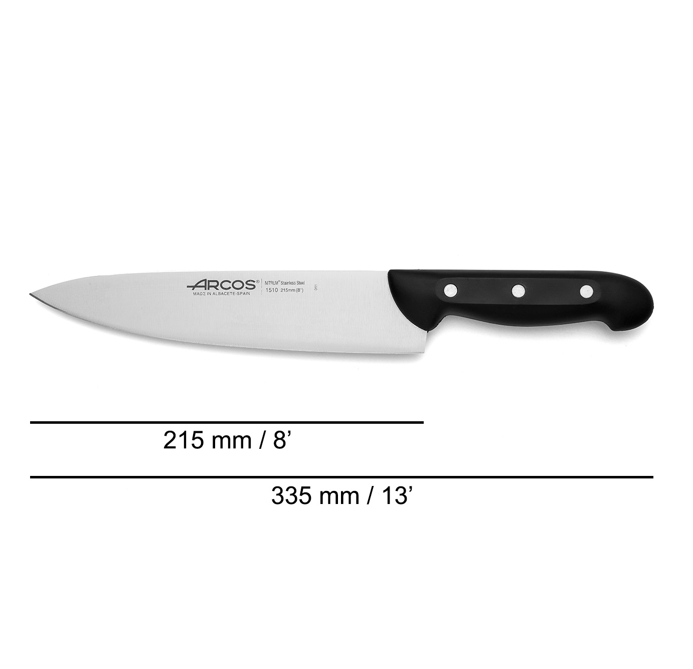 Cuchillo cocinero Arcos Maitre con mango de polipropileno negro y hoja de 215 mm