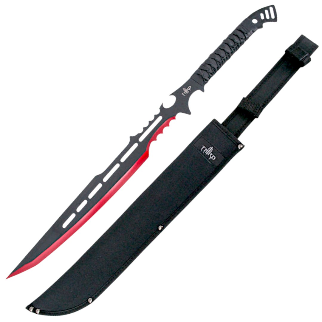 Machete negro y rojo con mango trenzado negro