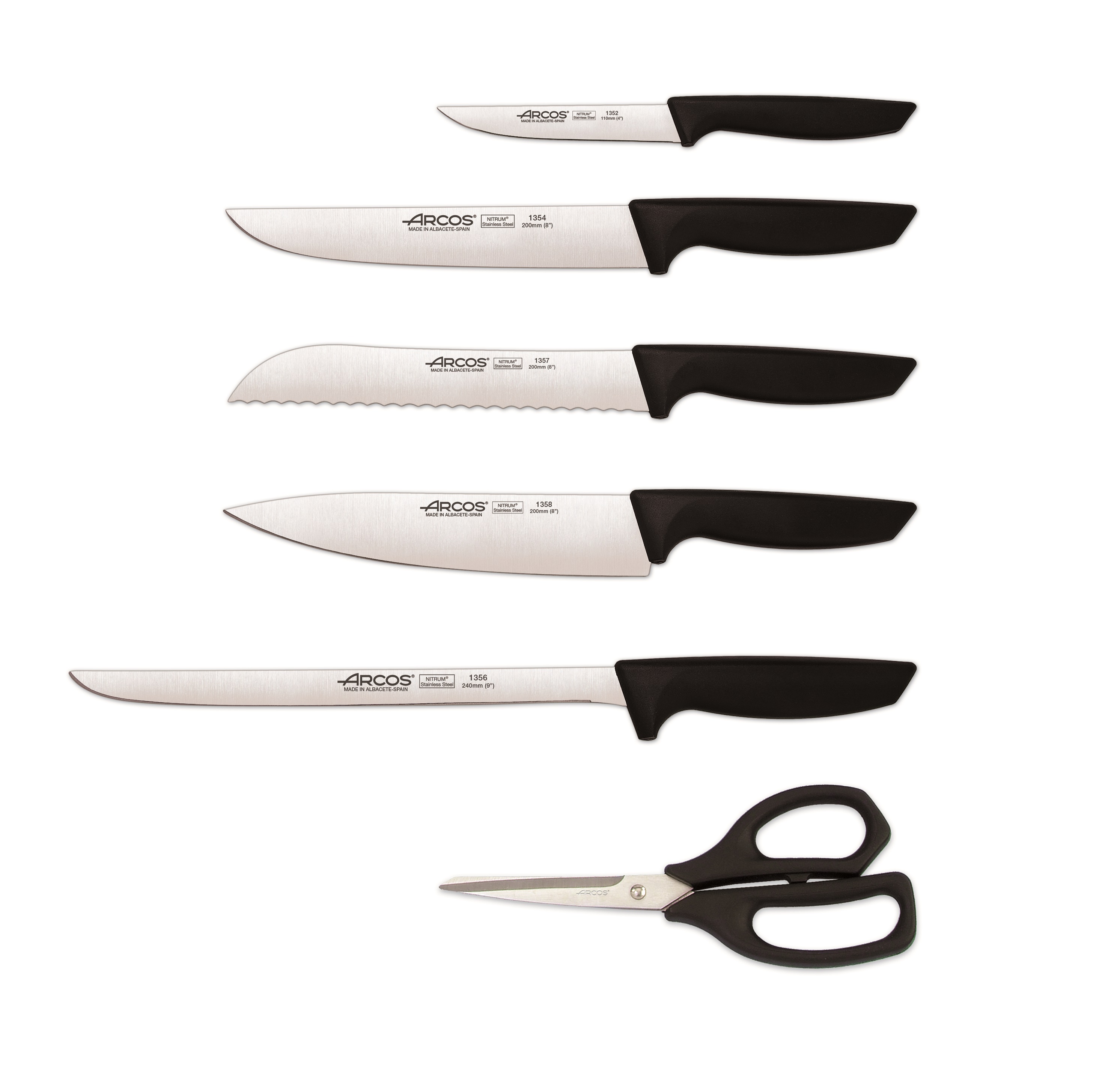 Juego de cocina 5 cuchillos + tijeras Arcos Niza con mango de polipropileno negro
