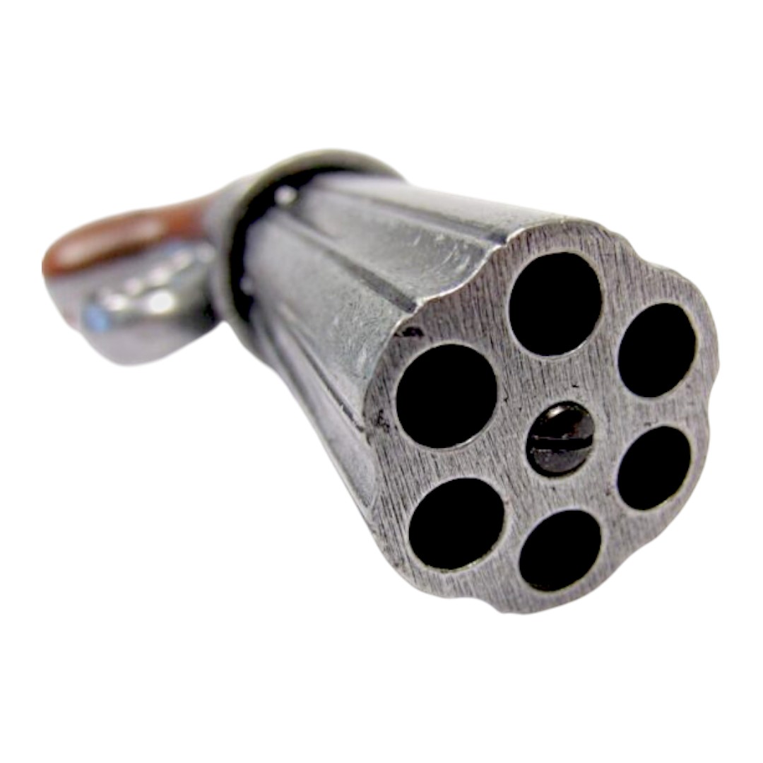 Réplica de revólver de pimenta com 6 canos e acabamento azulado