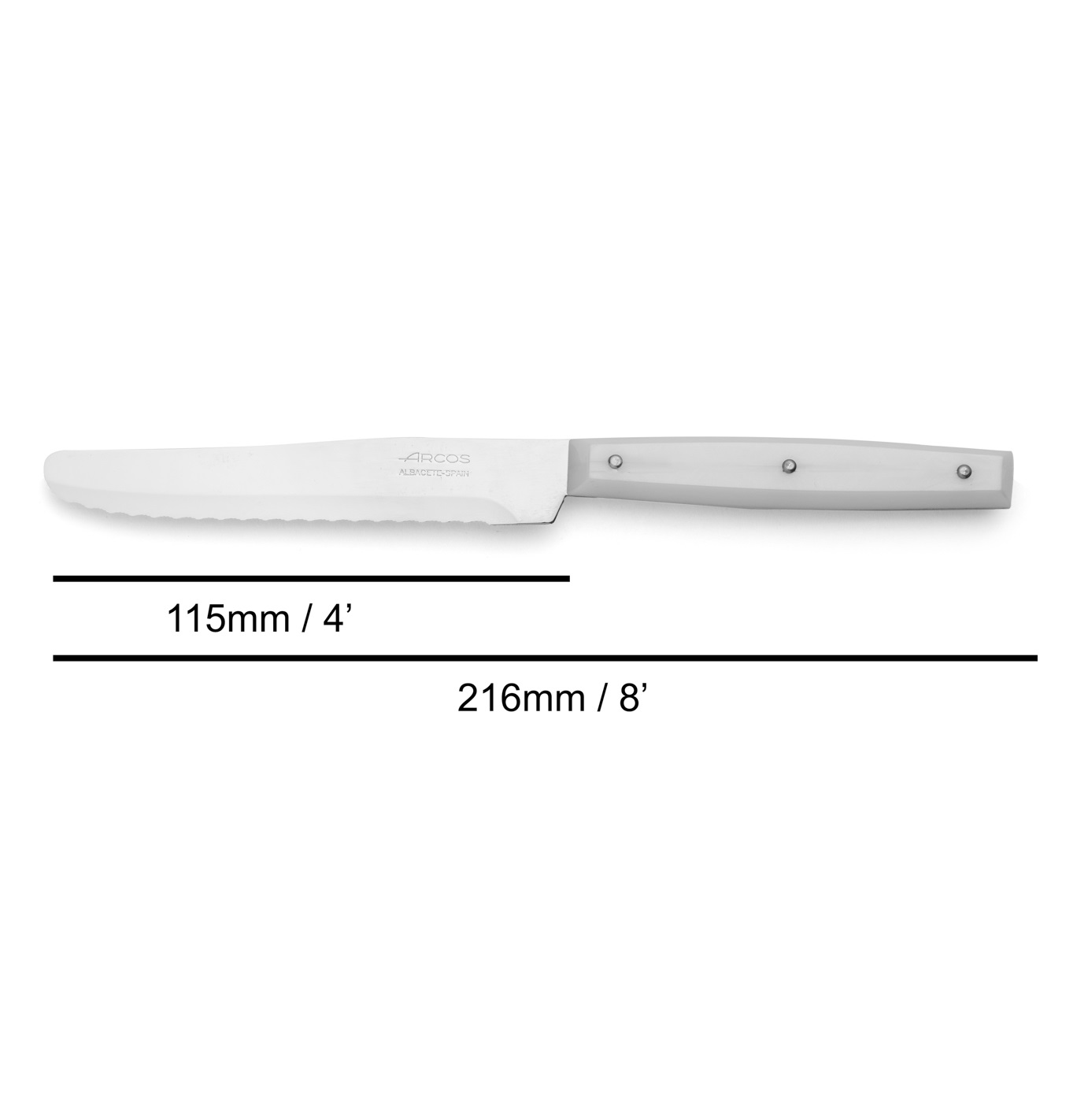 12 cuchillos de mesa Arcos 216 mm con mango de poliamida blanco y hoja de 11.5 cm