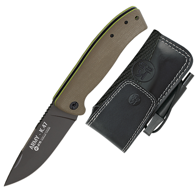 Navaja deportiva de K25 con mango de micarta verde y funda de pie...