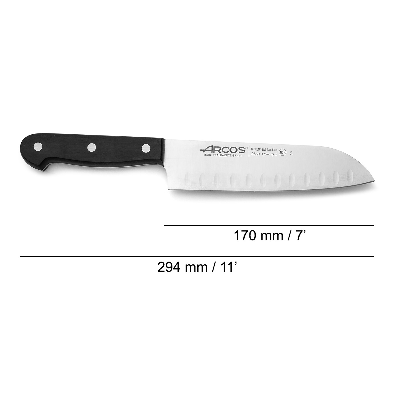 Arcos Universal Santoku-Messer mit 170 mm langer, durchgehender Hohlkernklinge und schwarzem Polypropylengriff