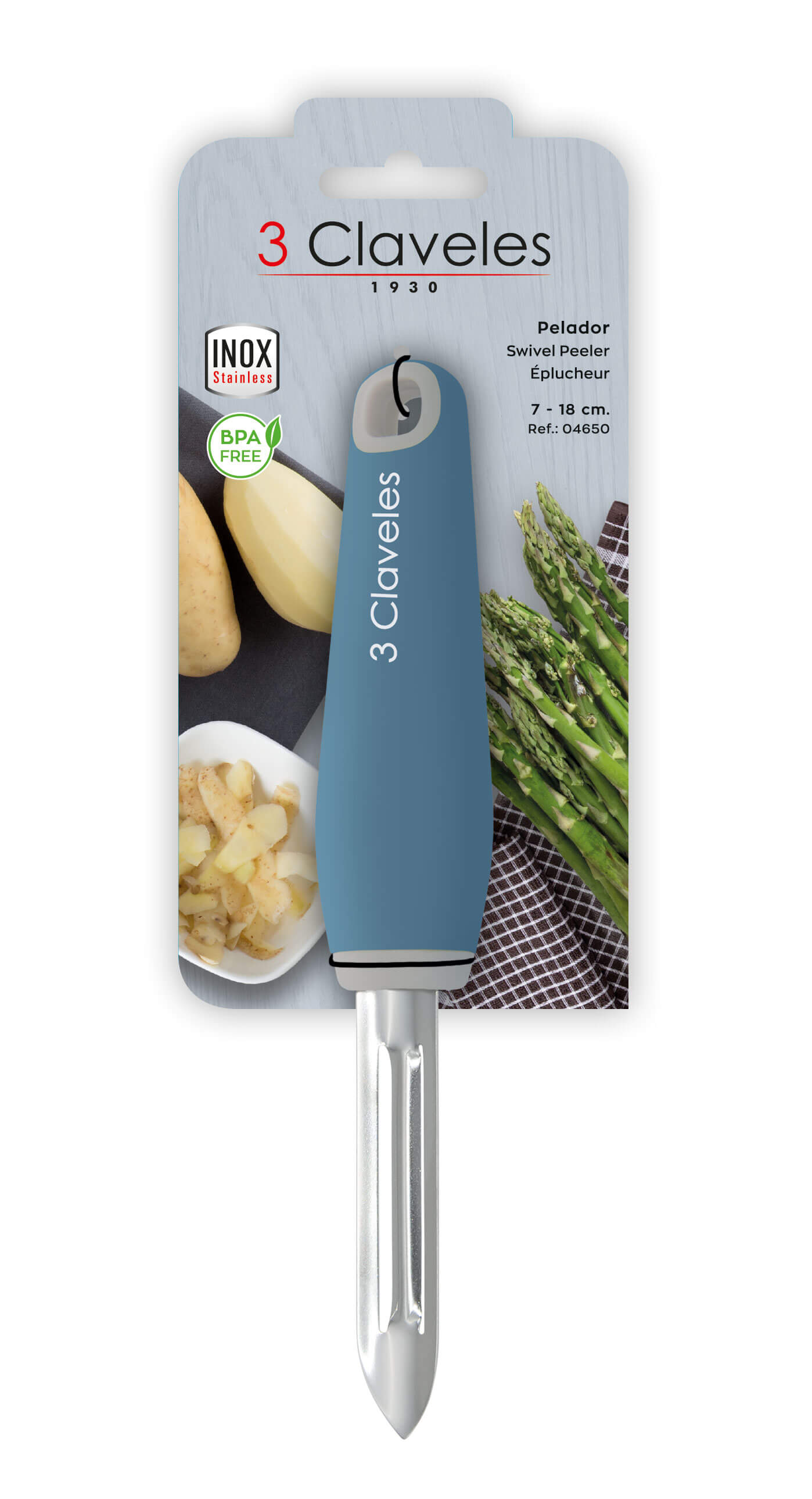 Pelador de acero inoxidable con mango de TPR y polipropileno 3 Claveles BPA Free