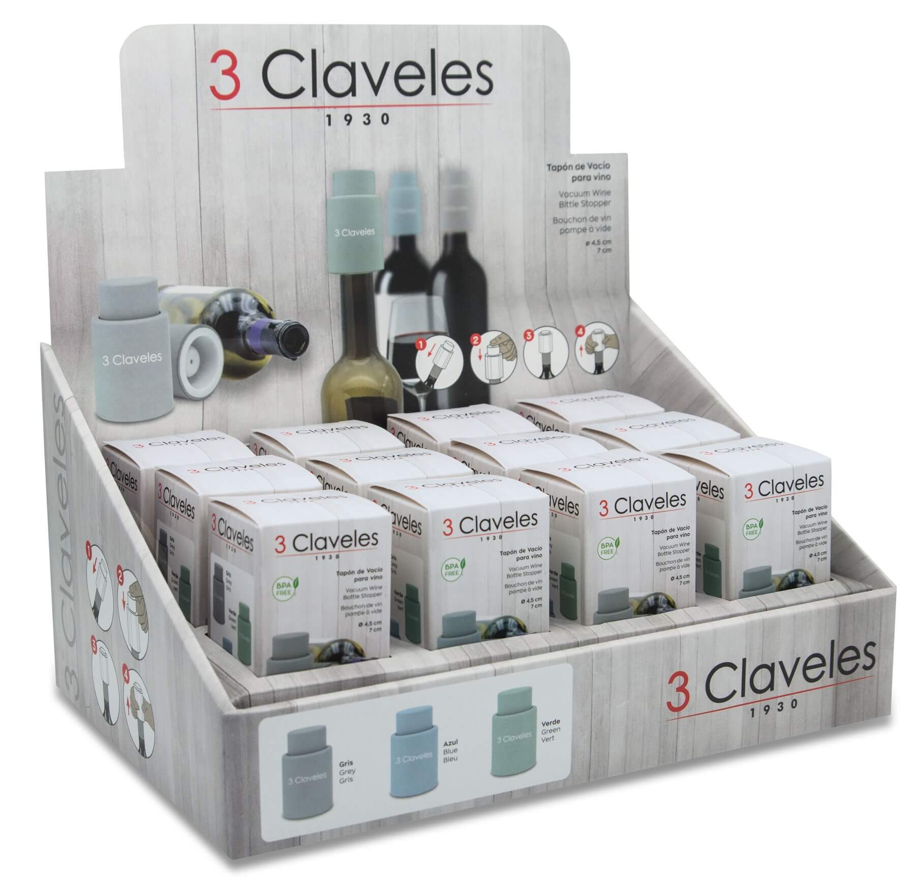 Bouchons de vin sous vide Claveles sans BPA, présentoir de 12, couleurs assorties