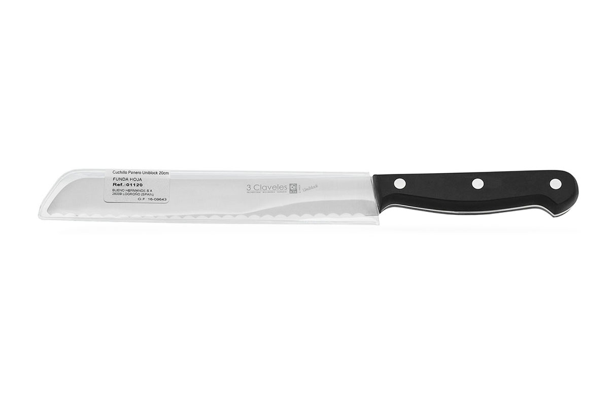 Cuchillo panero enterizo con hoja dentada de 20 cm y mango de pom negro 3 Claveles