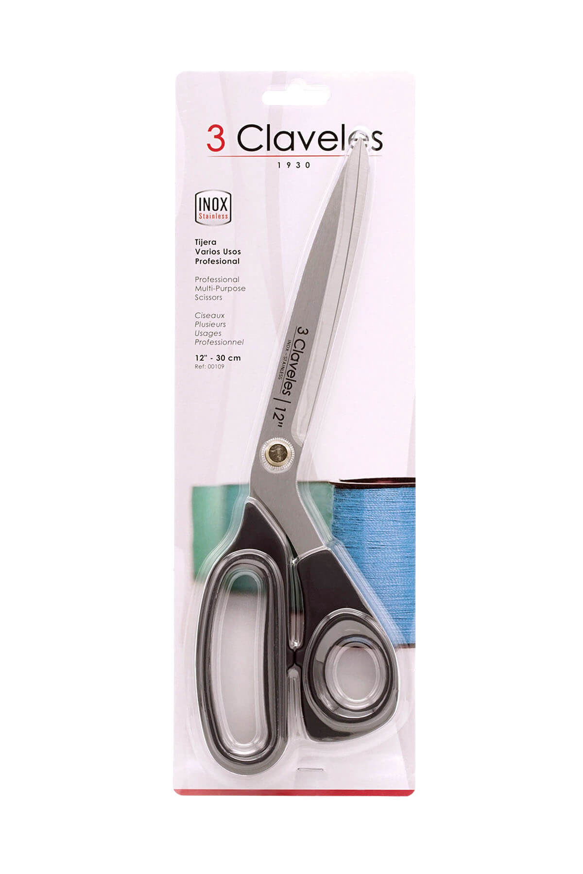 Tijeras de costura varios usos 30 cm con mango termoplástico TPR negro 3 Claveles