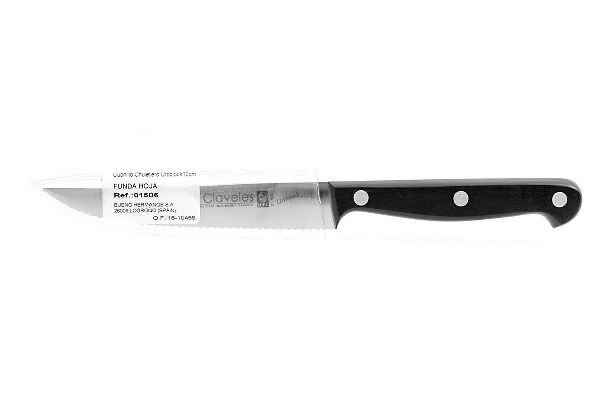 Cuchillo chuletero 12 cm uniblock con mango de pom negro filo dentado 3 Claveles