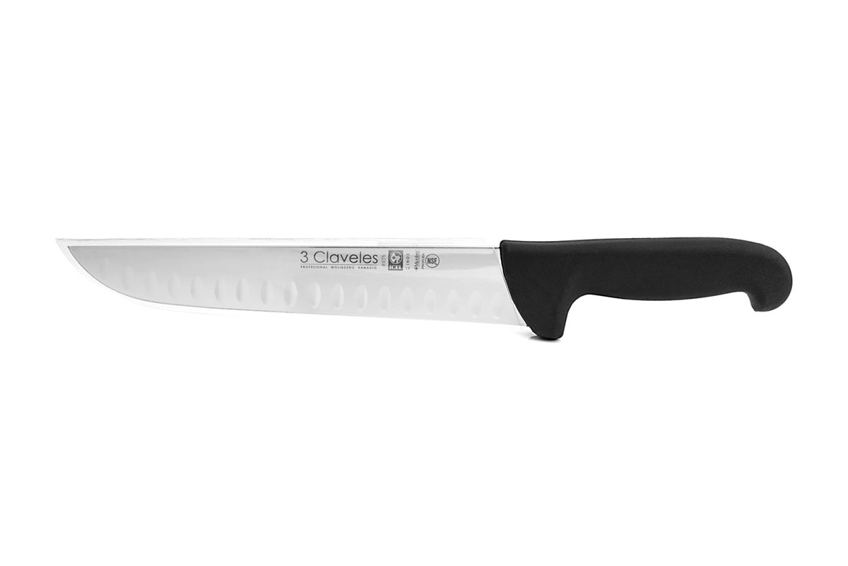 Cuchillo carnicero alveolado con hoja de 24 cm con mango de proflex negro 3 Claveles