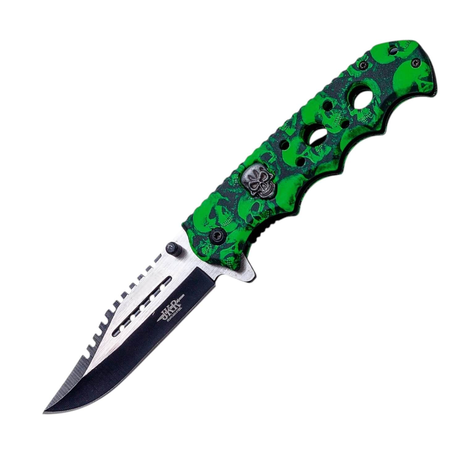 Navaja deportiva con hoja negra de 9 cm y mango de aluminio verde...