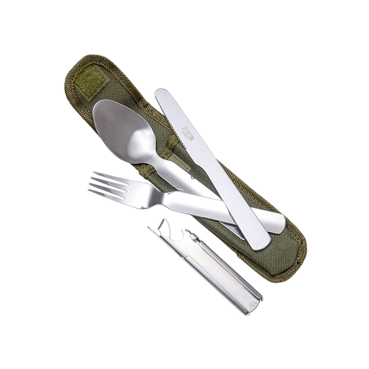 Set cubiertos de camping 4 piezas con funda verde JKR