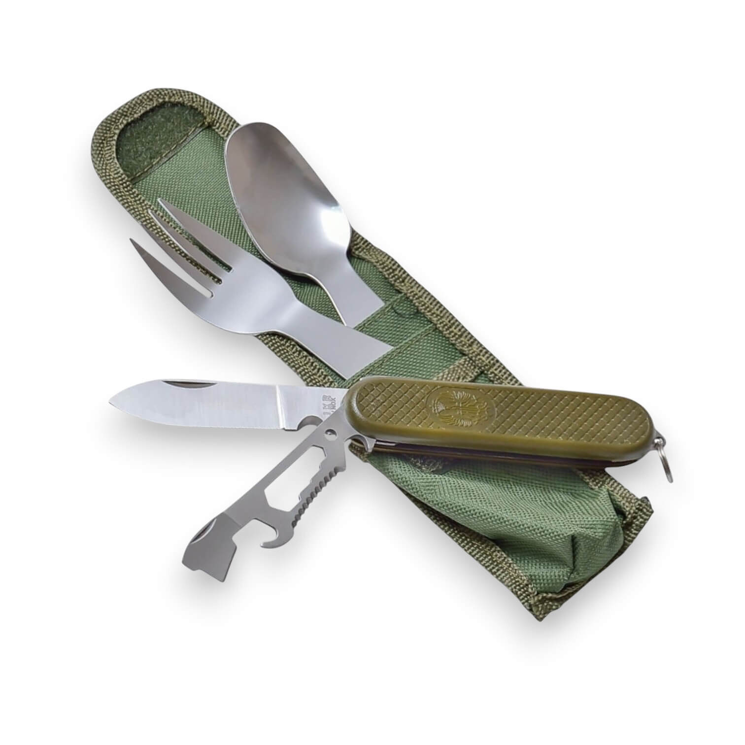 Set cubierto de camping 3 piezas con funda de nylon verde y navaj...