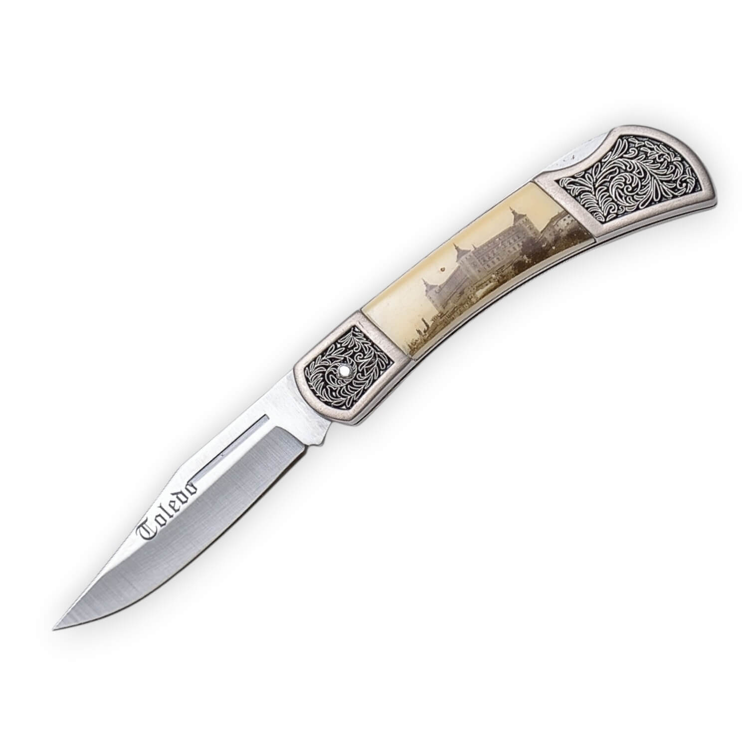 Navaja con mango decorado con el Alcázar de Toledo y hoja de acer...