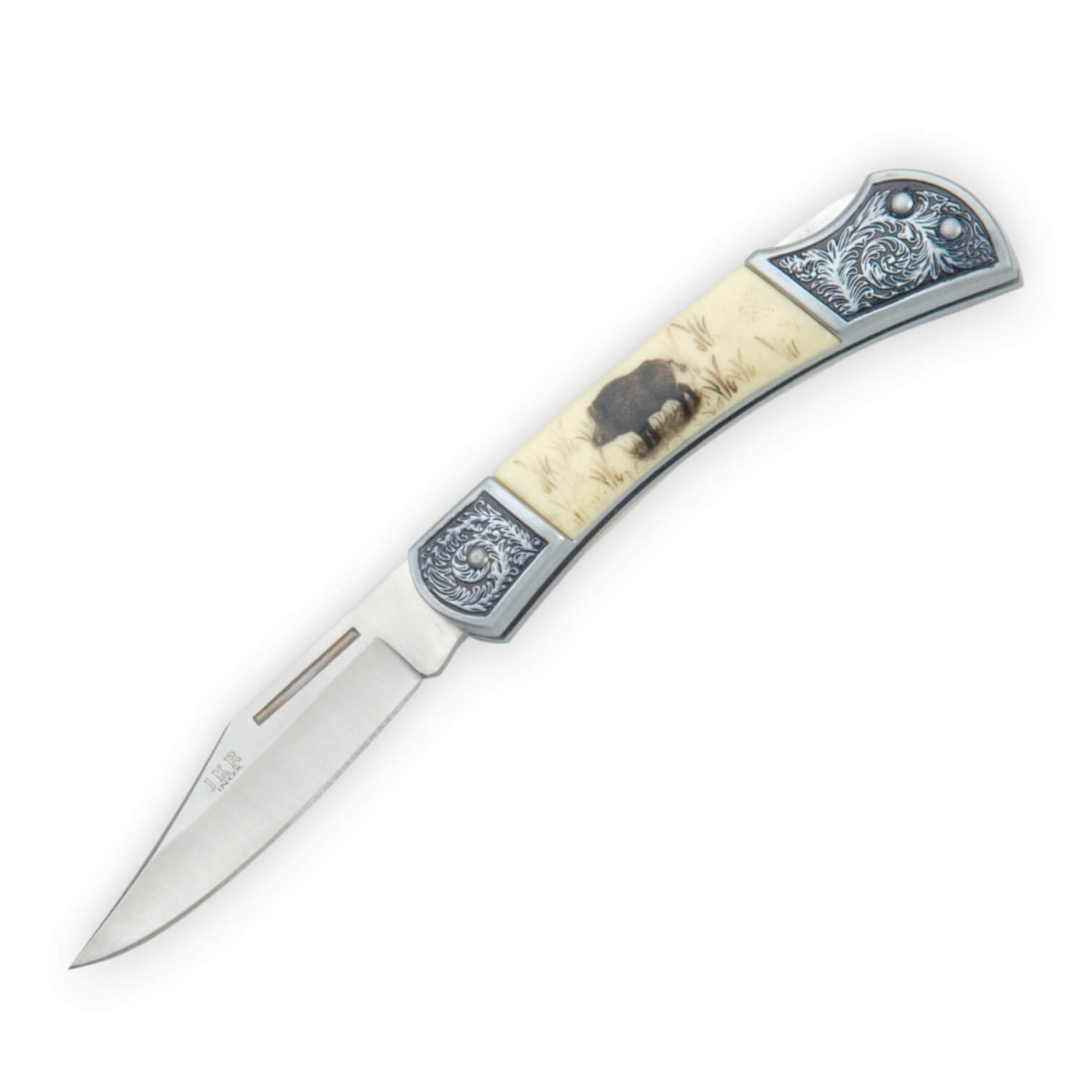Navaja con mango decorado con el motivo jabalí y hoja de acero in...