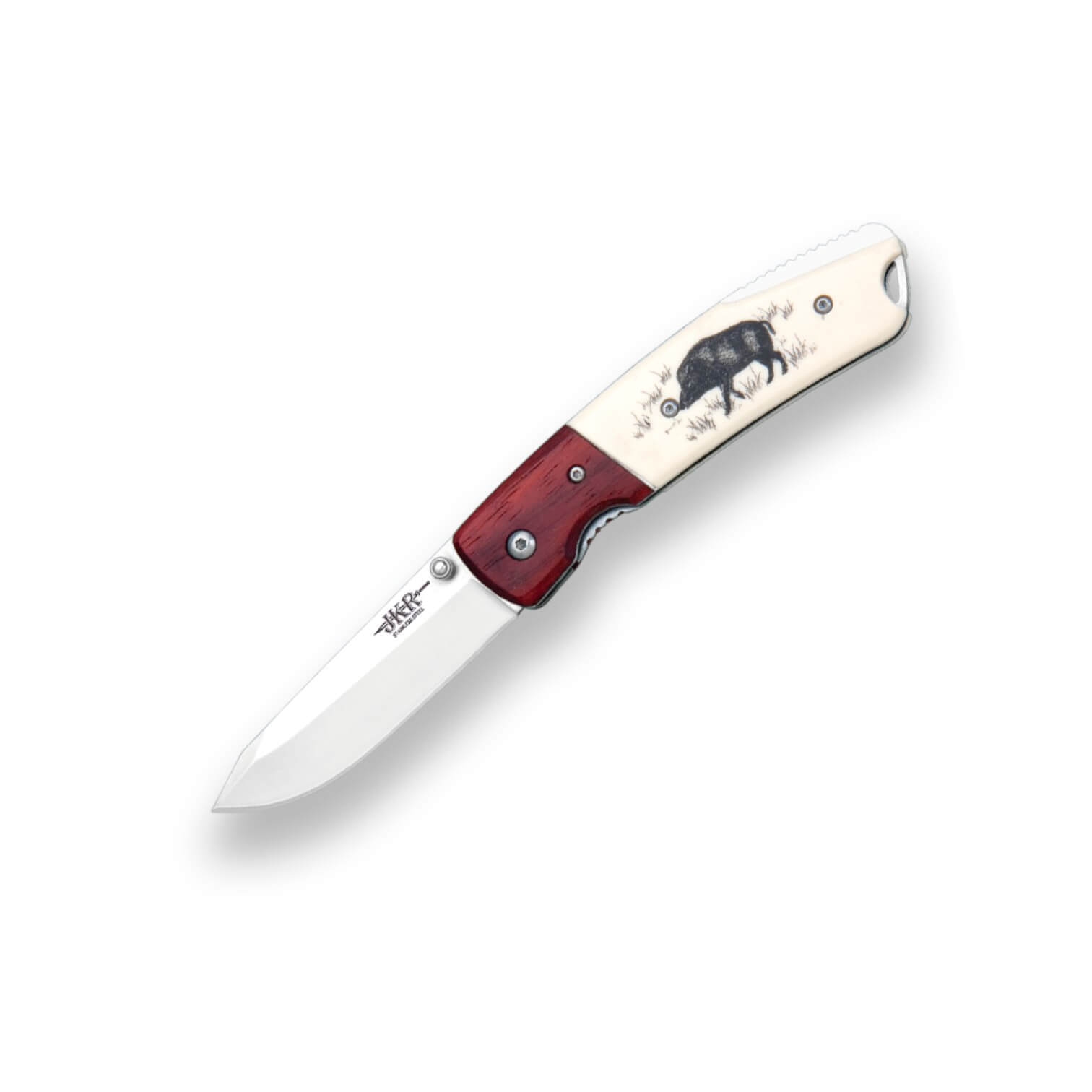 Navaja con mango de plástico decorado jabalí, virola de madera y ...