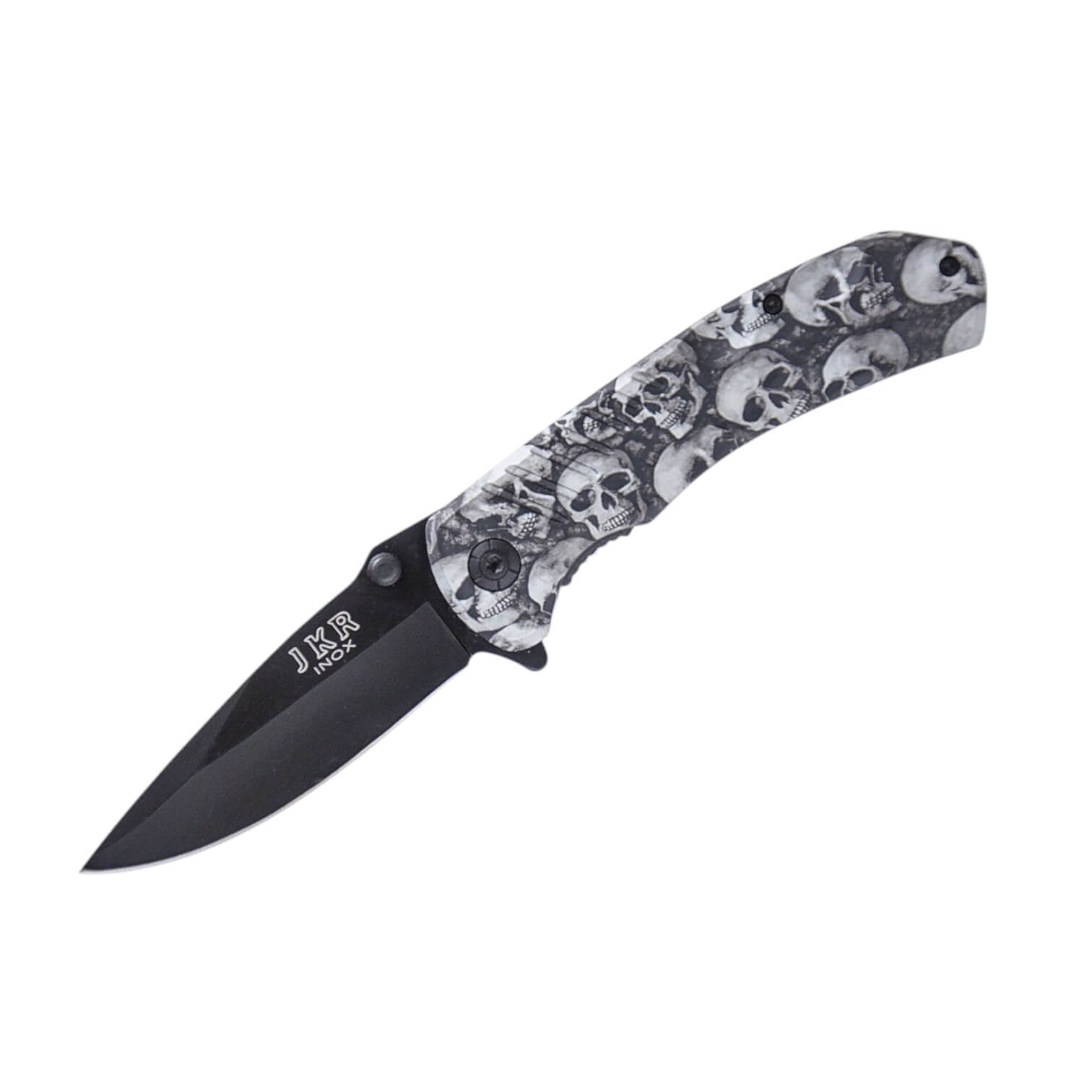 Navaja táctica con mango de fibra con calaveras negro y hoja negr...