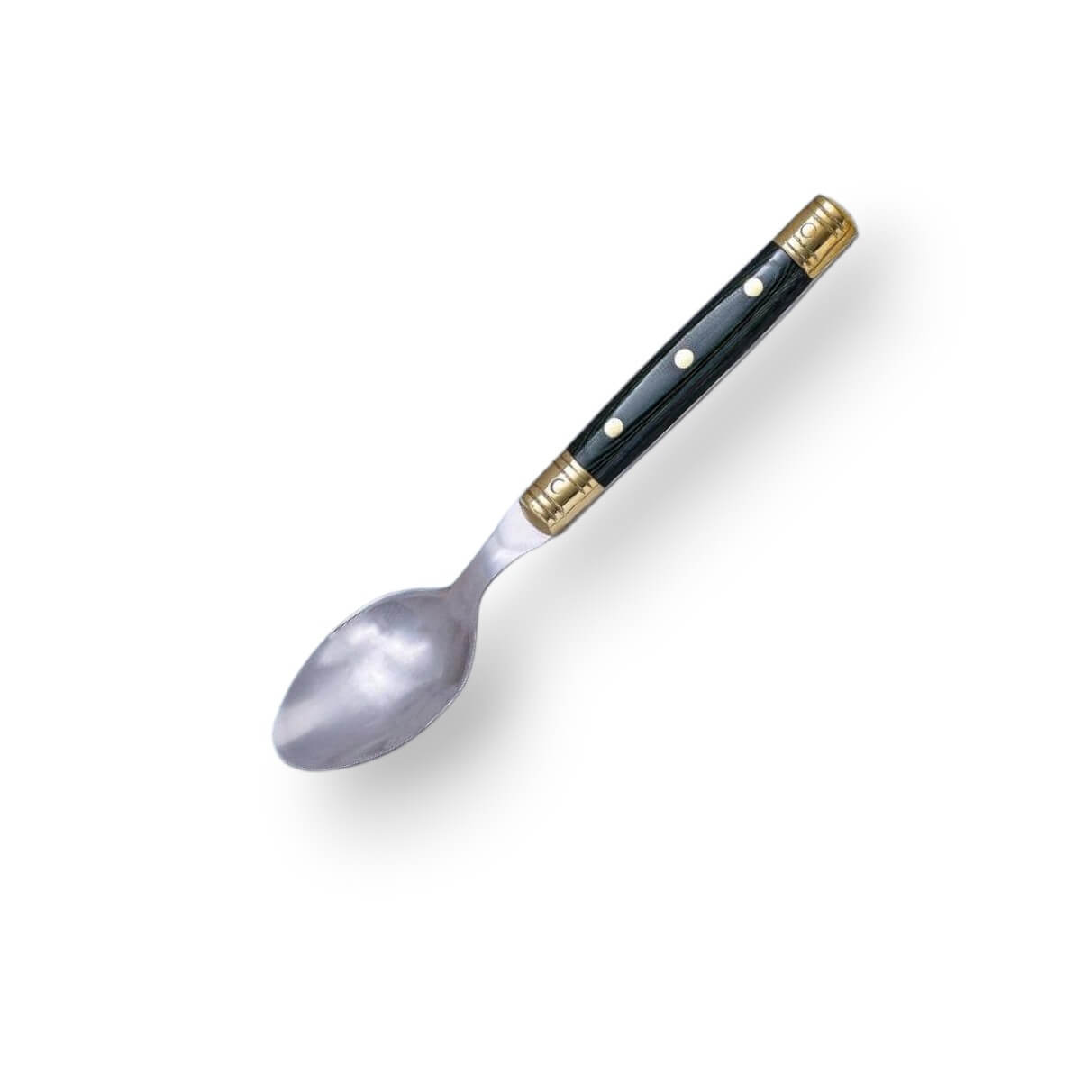 Cuchara de mesa con mango de micarta verde y adornos dorados