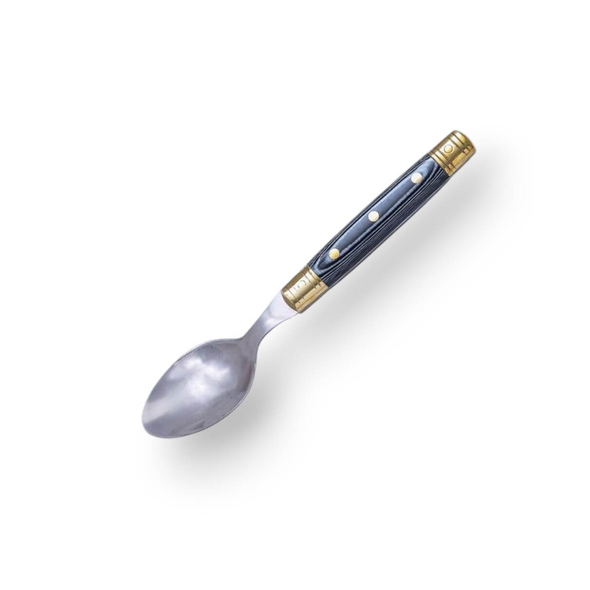 Cuchara de mesa con mango de micarta gris y adornos dorados