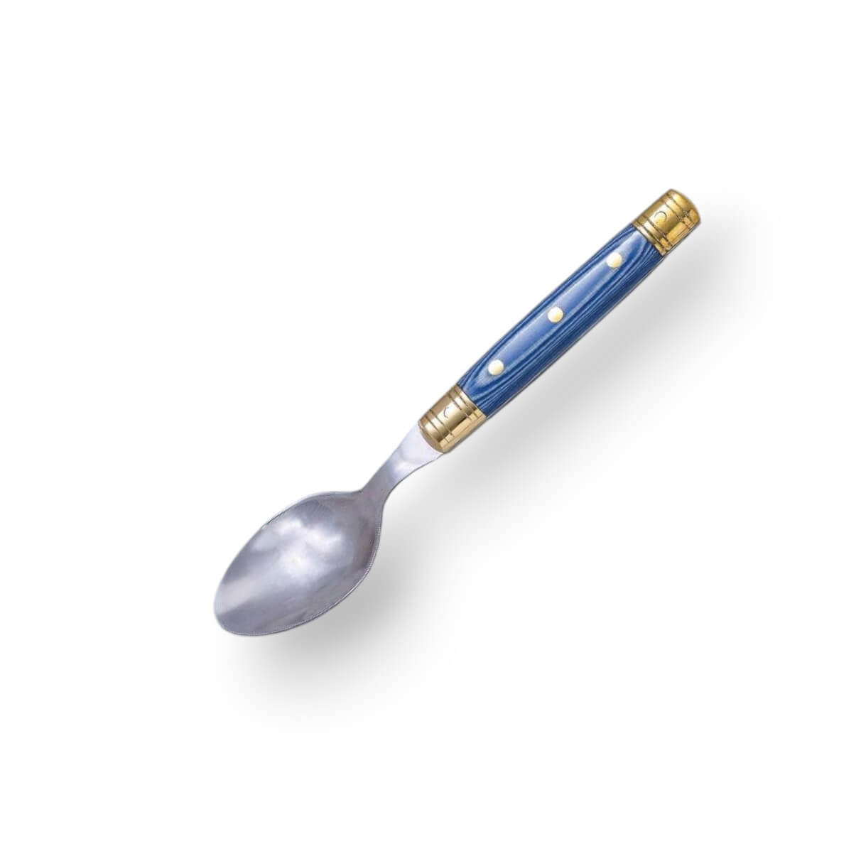 Cuchara de mesa con mango de micarta azul y adornos dorados