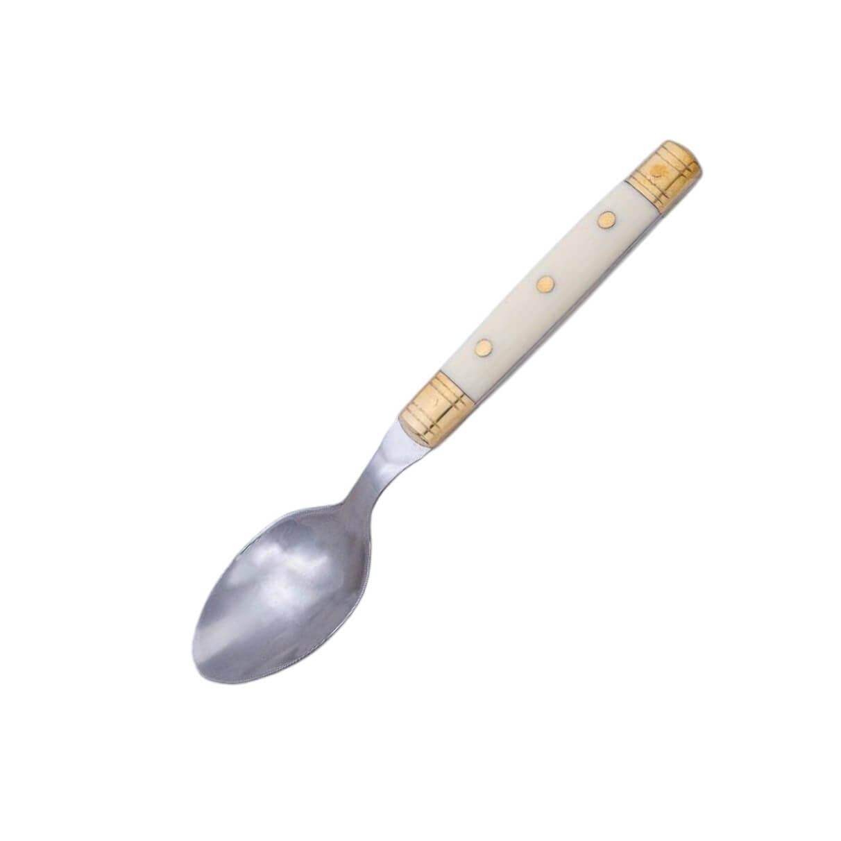 Cuchara de mesa con mango de plástico blanco marfil y adornos dor...