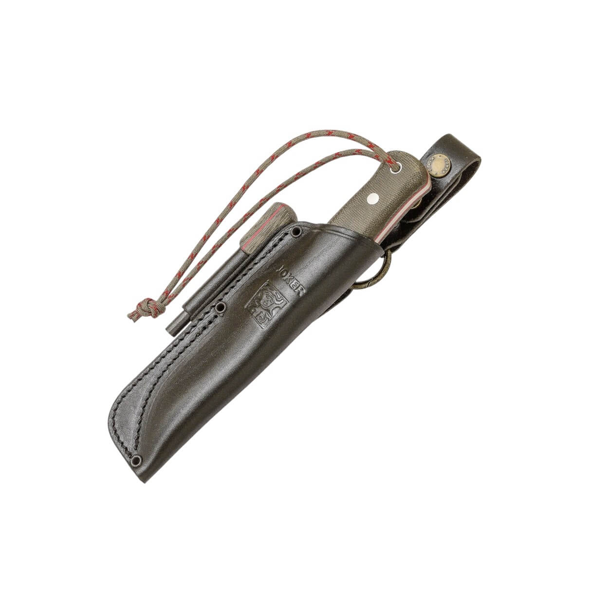 Cuchillo bushcraft Joker Bushlord con mango de micarta canvas verde con pedernal