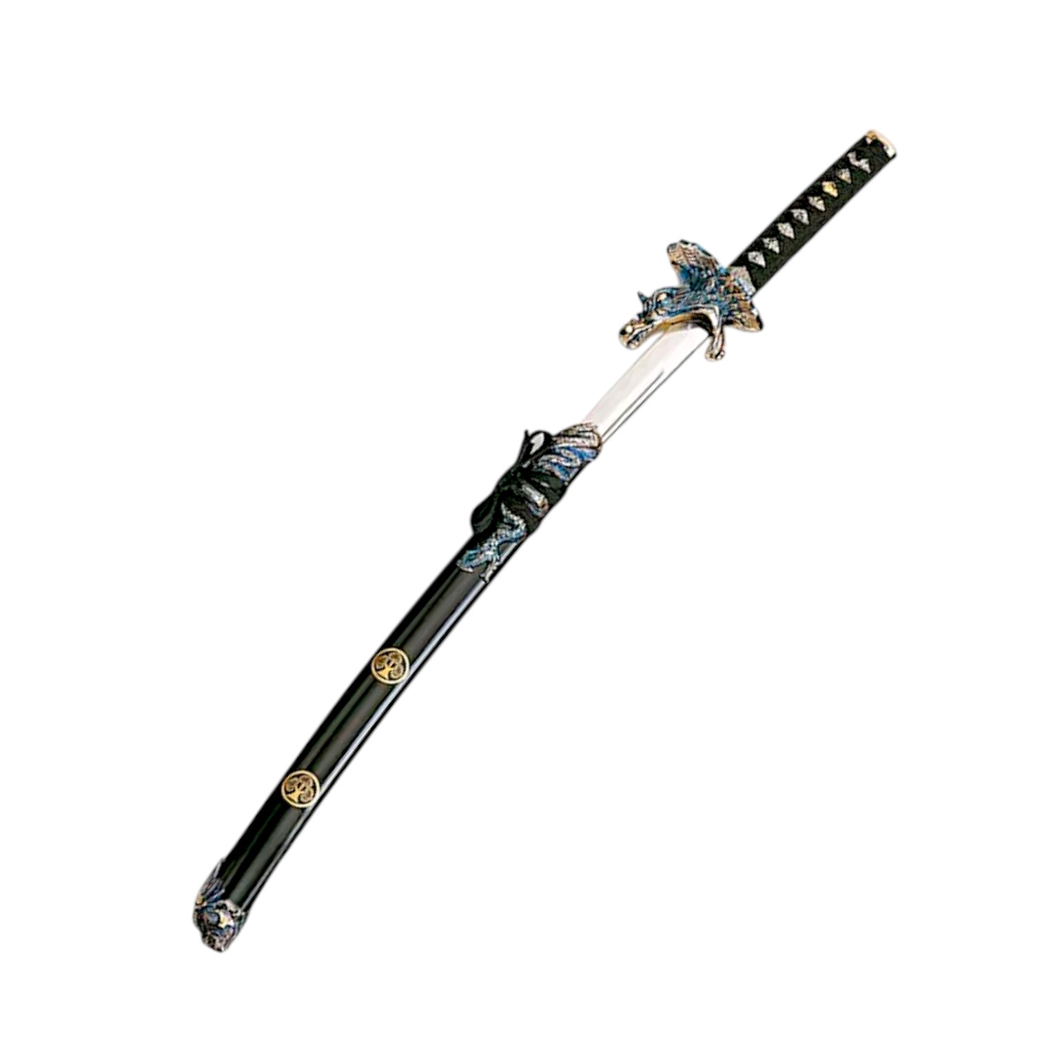 Wakizashi con rodela de dragón y vaina trenzada negra