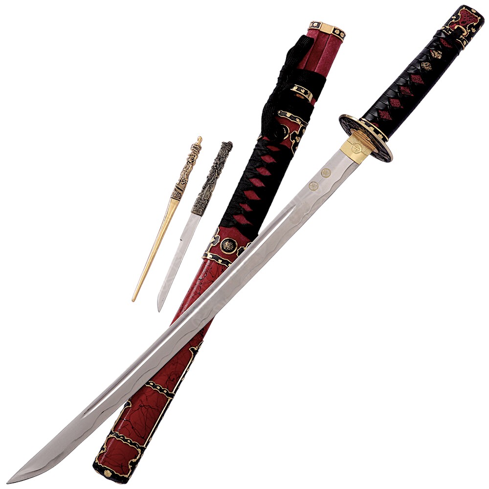 Tokugawa Wakizashi with red scabbard and braided leather cuff