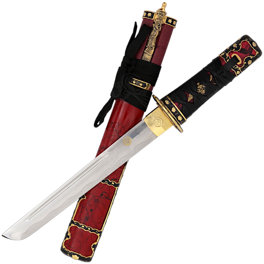 Tokugawa tanto with red scabbard and black leather braided cuff
