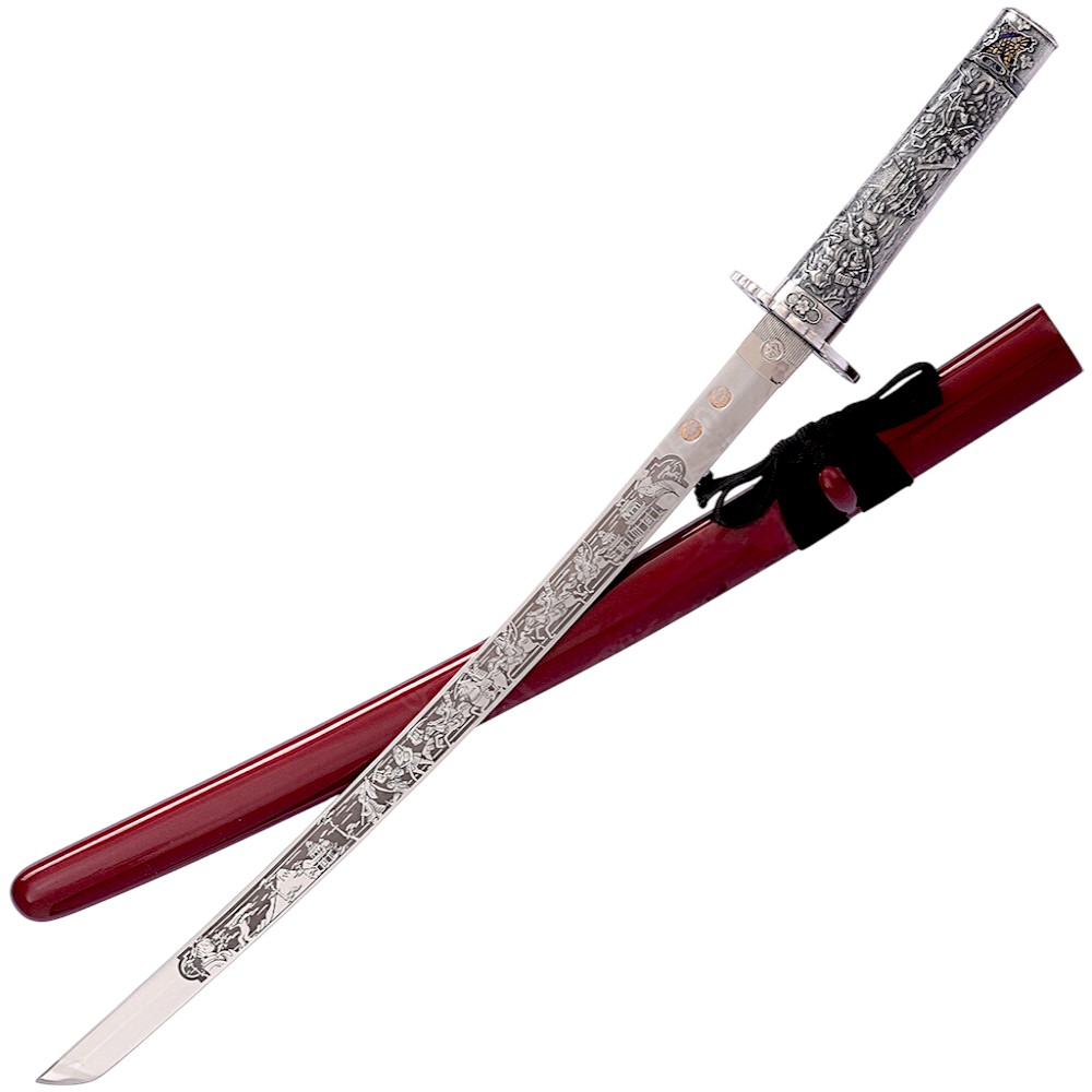 Wakizashi Masamune with silver engraved hilt and red scabbard