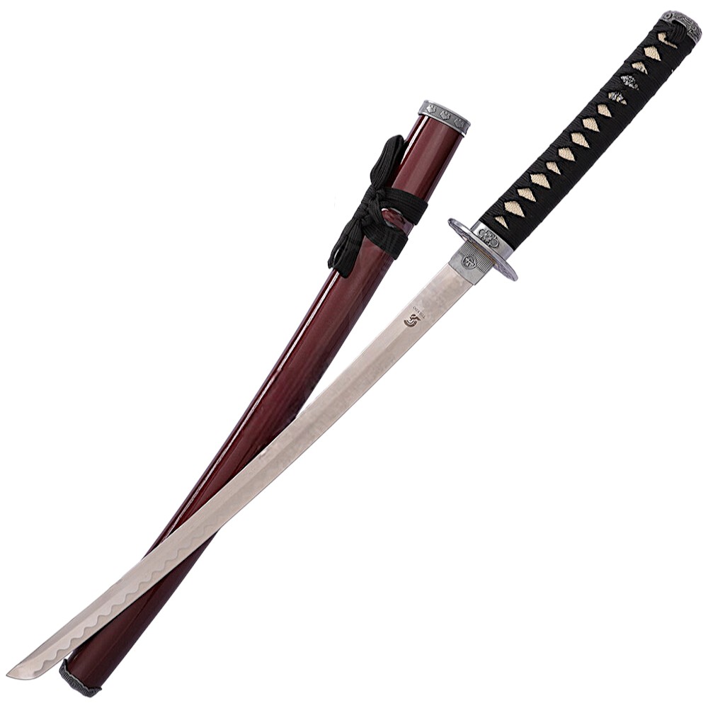 Wakizashi with red scabbard silver buckle and black braiding