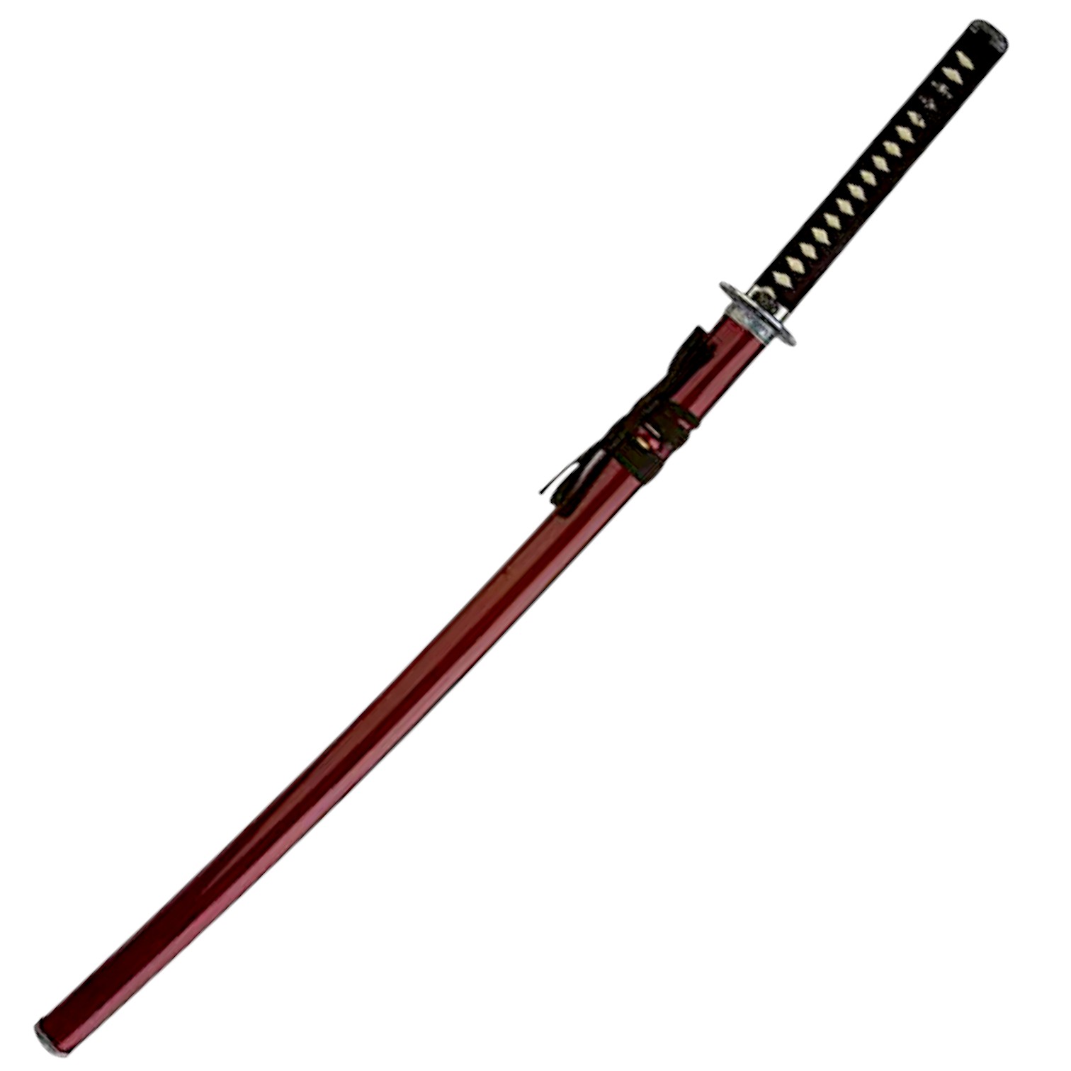 Katana with red scabbard silver buckle and black braid