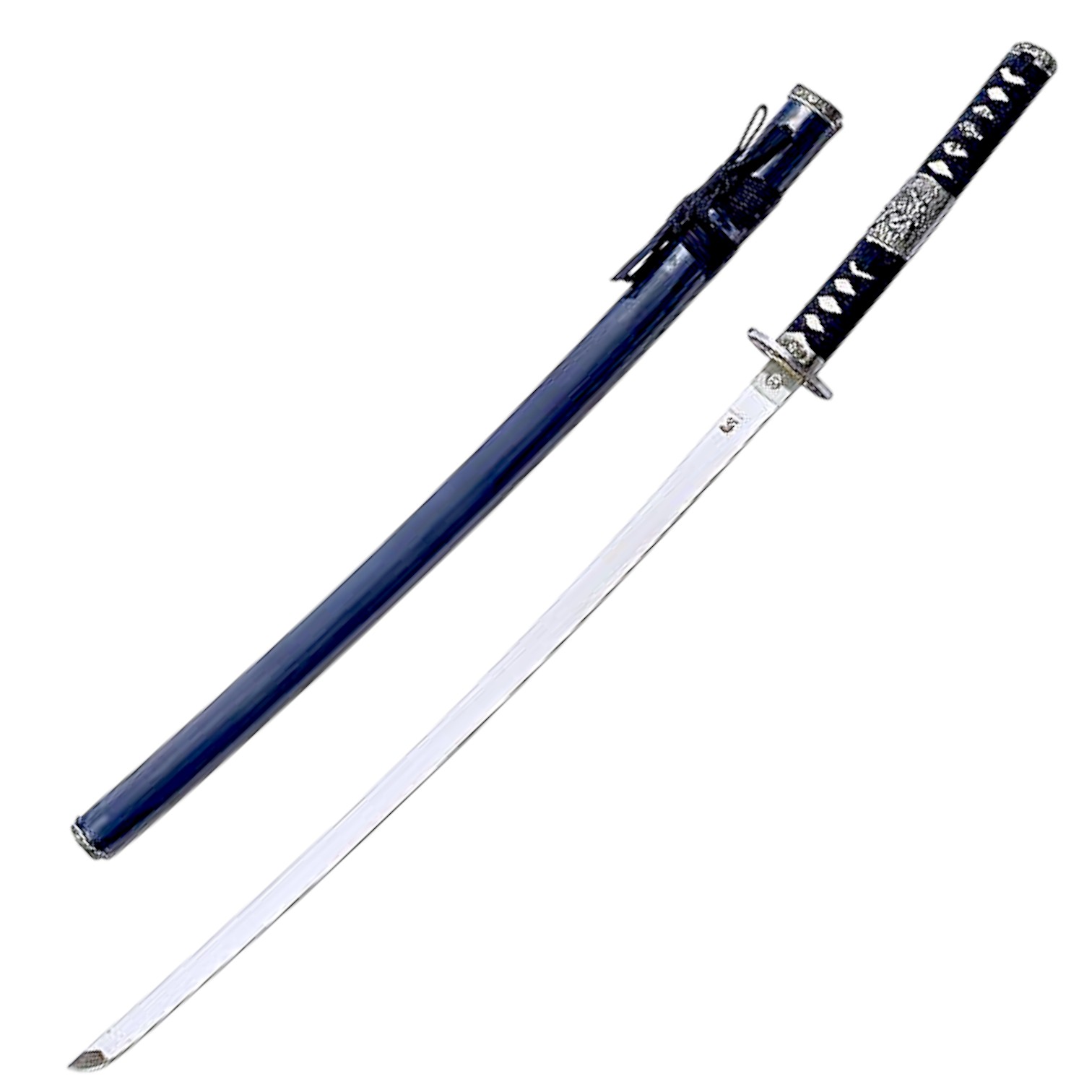 Katana with blue scabbard and silver buckler