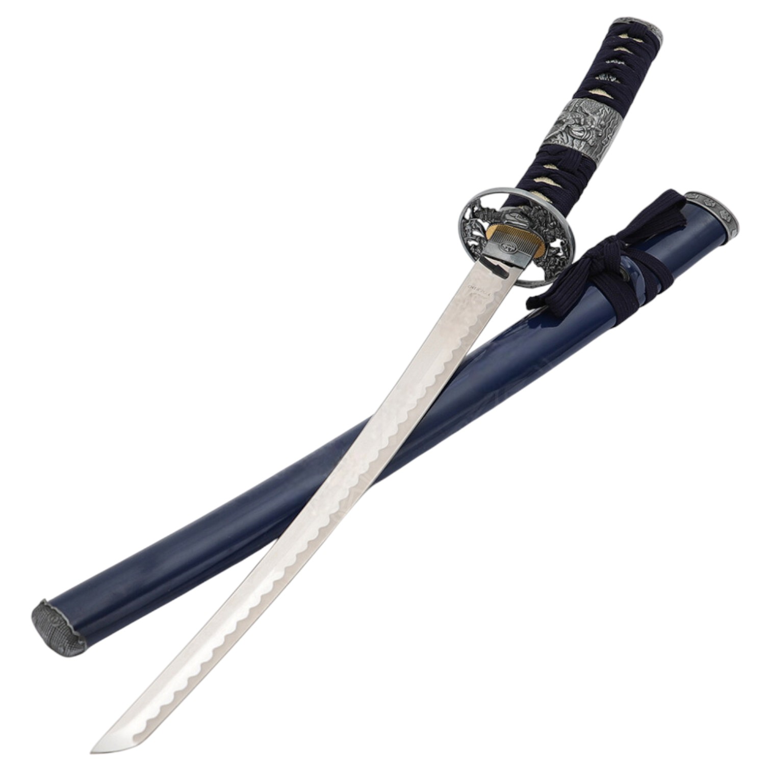 Wakizashi with blue scabbard and silver buckler